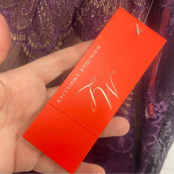 Monique Lhuillier Long Sleeve Lace Metallic Shimmer Sheath Mini Dress Purple 10 - Picture 9 of 12